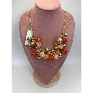 New York & Company Gold Chain Coral Pink Gold Beaded Statement Boho Necklace NEW